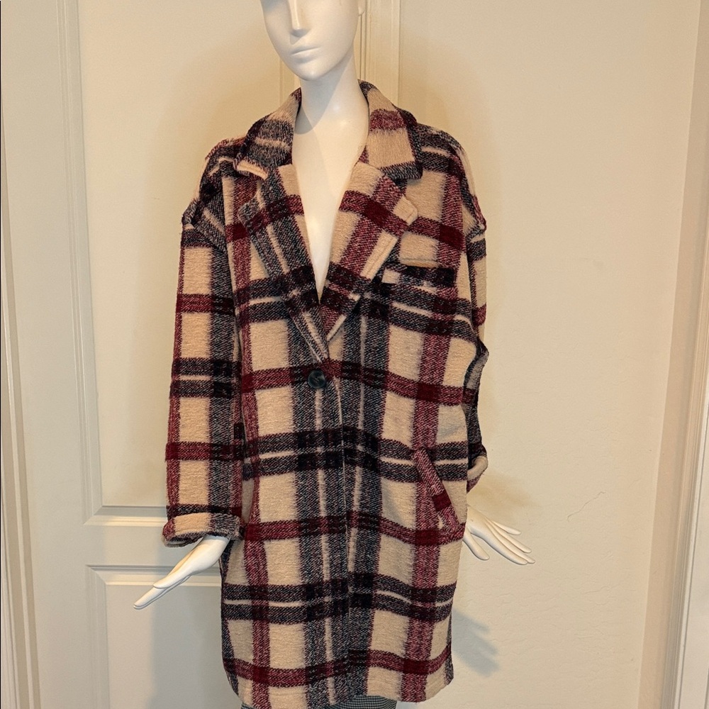 Blank NYC Plaid Teddy Jacket in Maroon, Navy and Cream